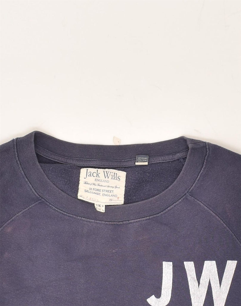 JACK WILLS Womens Graphic Sweatshirt Jumper UK 8 Small Navy Blue Cotton | Vintage Jack Wills | Thrift | Second-Hand Jack Wills | Used Clothing | Messina Hembry 