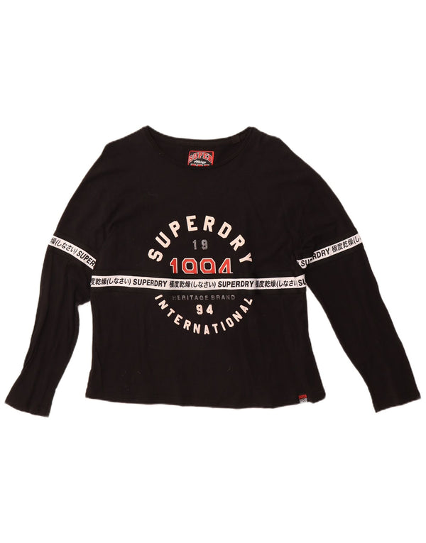 Superdry Womens Graphic Top Long Sleeve UK 10 Small Black Cotton