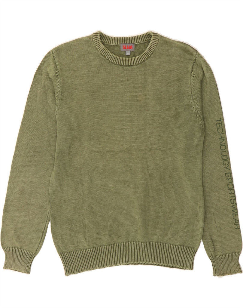 SLAM Mens Graphic Crew Neck Jumper Sweater Small Khaki Cotton Vintage Slam and Second-Hand Slam from Messina Hembry 