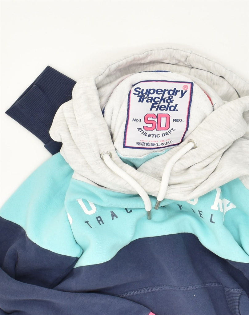 SUPERDRY Womens Graphic Hoodie Jumper UK 14 Large Navy Blue Colourblock | Vintage Superdry | Thrift | Second-Hand Superdry | Used Clothing | Messina Hembry 