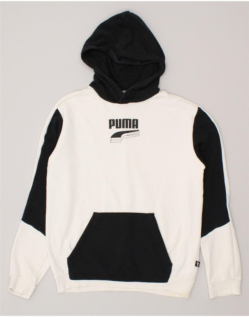 PUMA Boys Graphic Hoodie Jumper 13-14 Years White Colourblock | Vintage Puma | Thrift | Second-Hand Puma | Used Clothing | Messina Hembry 