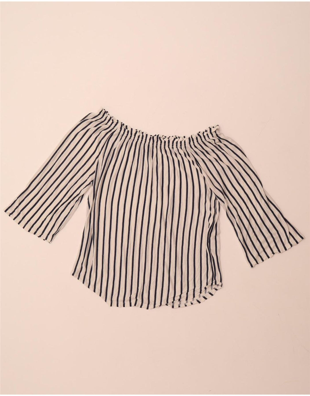 BENETTON Womens 3/4 Sleeve Off Shoulder Top UK 14 Medium White Striped