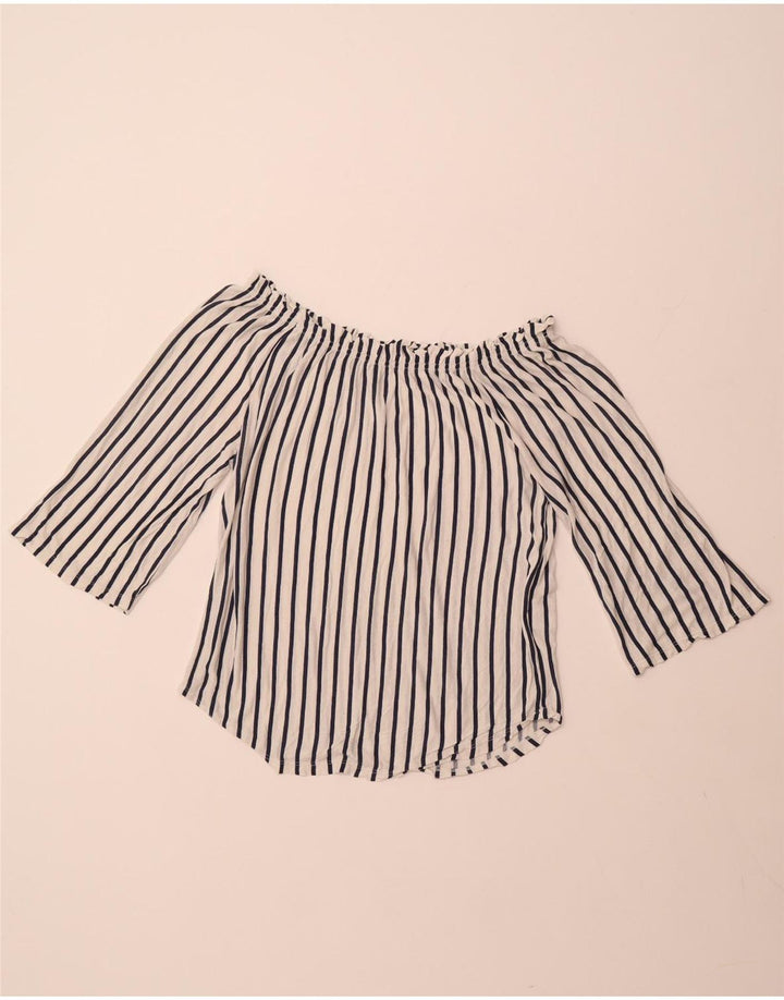 BENETTON Womens 3/4 Sleeve Off Shoulder Top UK 14 Medium White Striped