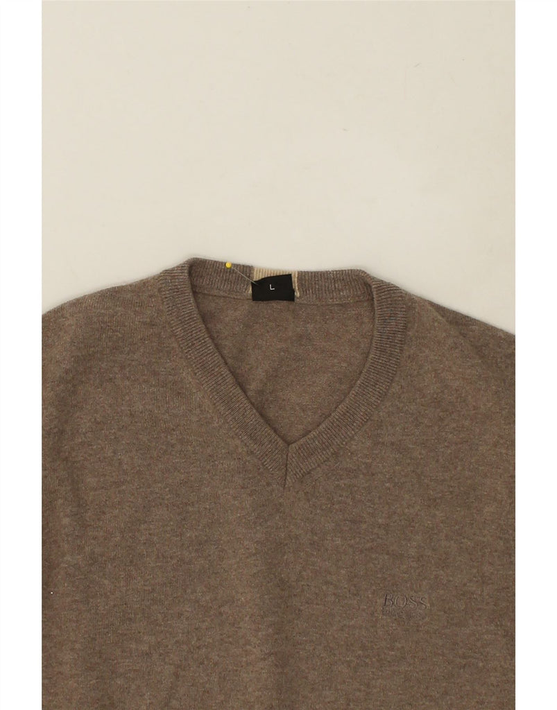 HUGO BOSS Mens V-Neck Jumper Sweater Large Grey Wool | Vintage Hugo Boss | Thrift | Second-Hand Hugo Boss | Used Clothing | Messina Hembry 