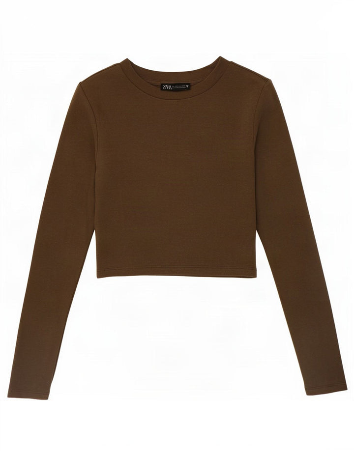 Zara Womens Crop Top Long Sleeve UK 8 Small Khaki