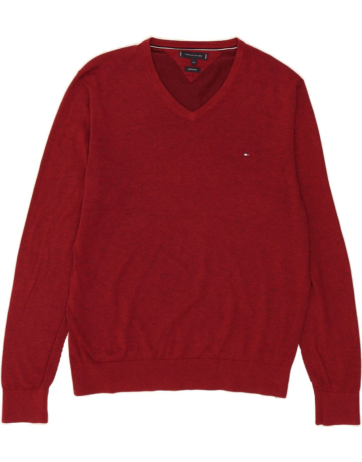 TOMMY HILFIGER Mens V-Neck Jumper Sweater 2XL Red Cotton Vintage Tommy Hilfiger and Second-Hand Tommy Hilfiger from Messina Hembry 