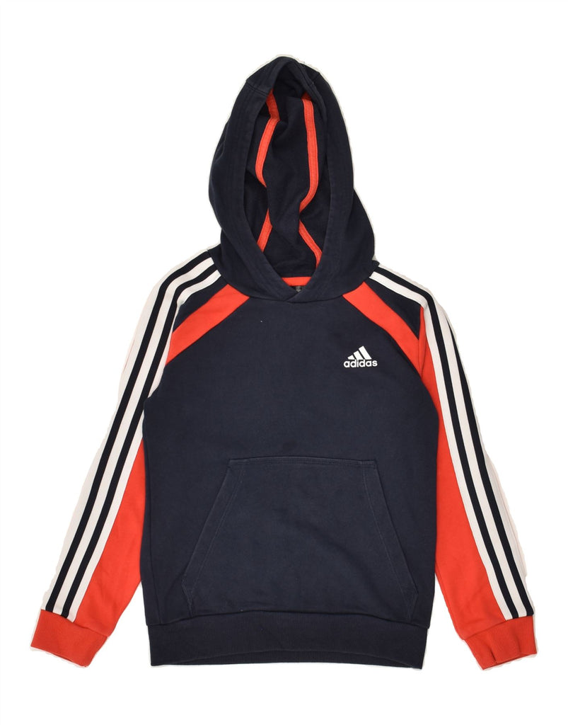 ADIDAS Boys Hoodie Jumper 8-9 Years Navy Blue Colourblock Cotton | Vintage Adidas | Thrift | Second-Hand Adidas | Used Clothing | Messina Hembry 