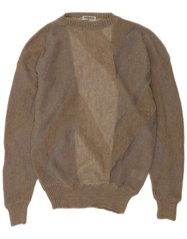 NANI BON Mens Crew Neck Jumper Sweater IT 50 Medium Brown Geometric Linen