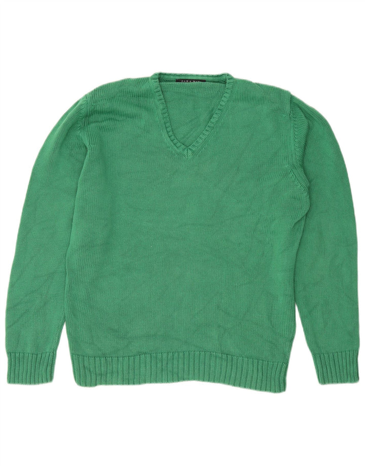 Zara Mens V-Neck Jumper Sweater Large Green Cotton