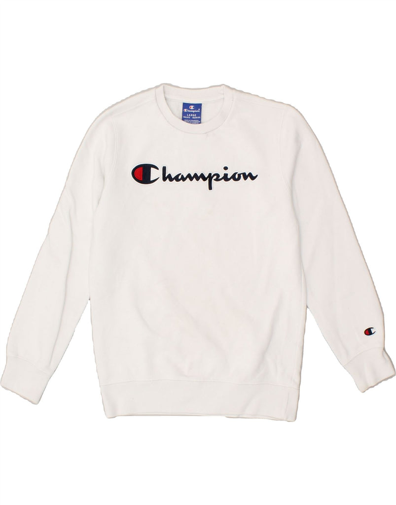 CHAMPION Boys Graphic Sweatshirt Jumper 11-12 Years Large White | Vintage Champion | Thrift | Second-Hand Champion | Used Clothing | Messina Hembry 