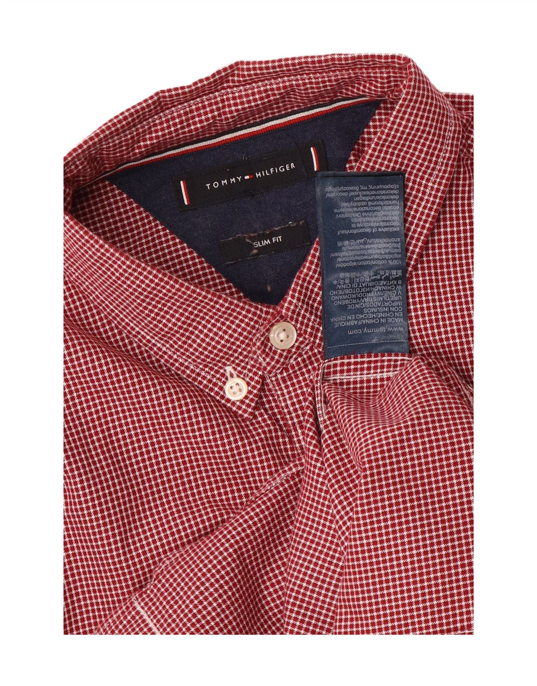 TOMMY HILFIGER Mens Slim Fit Shirt Medium Red Houndstooth Cotton