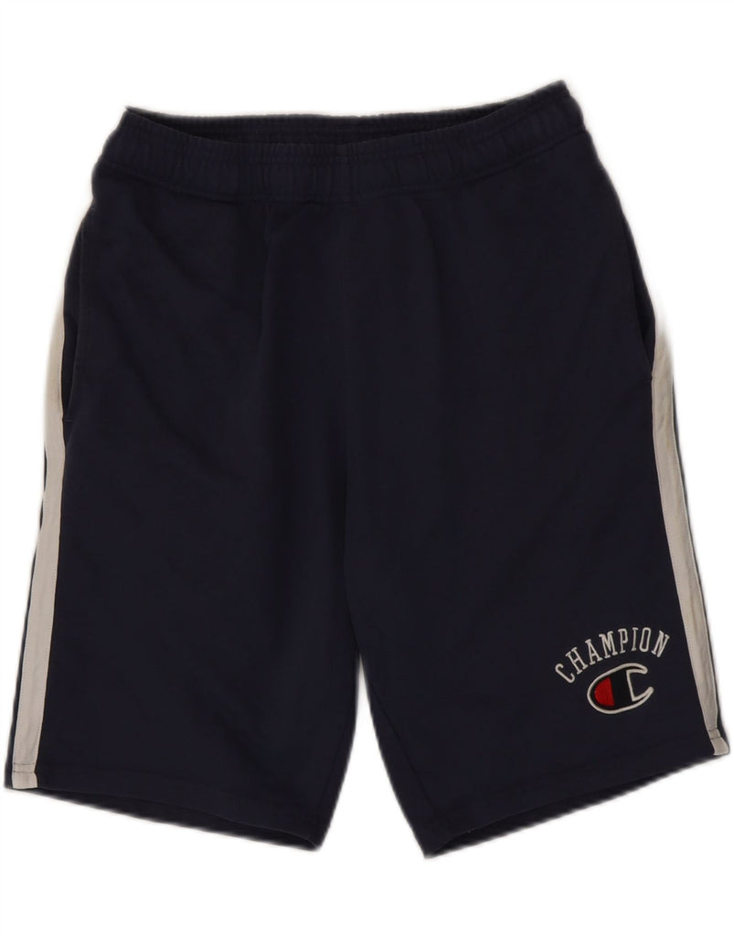 CHAMPION Mens Graphic Sport Shorts Medium  Navy Blue Colourblock Cotton Vintage Champion and Second-Hand Champion from Messina Hembry 