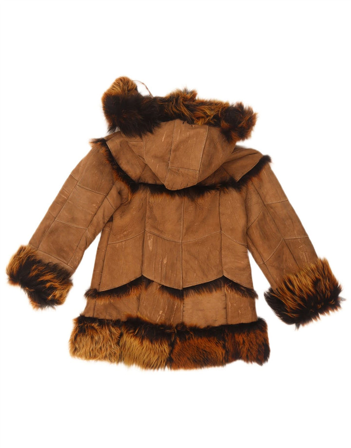 Vintage Girls Hooded Shearling Jacket 7-8 Years Brown