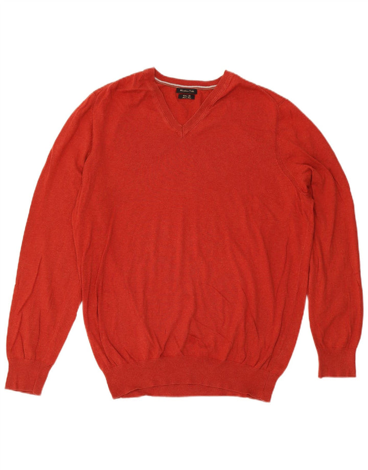 Massimo Dutti Mens V-Neck Jumper Sweater 2XL Red Cotton