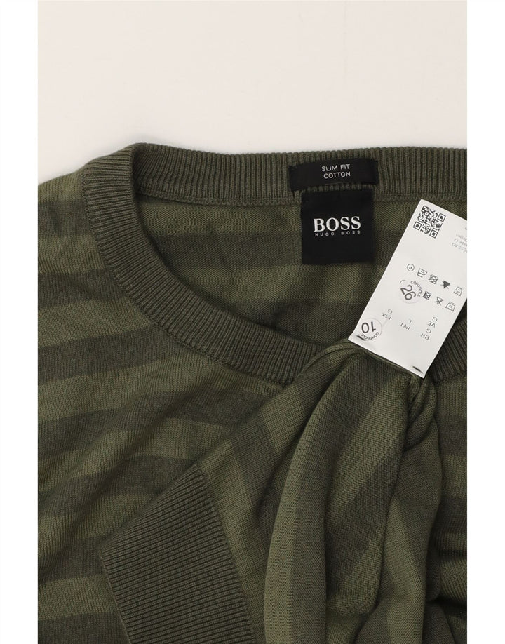 HUGO BOSS Mens Slim Fit Crew Neck Jumper Sweater Large Green Striped