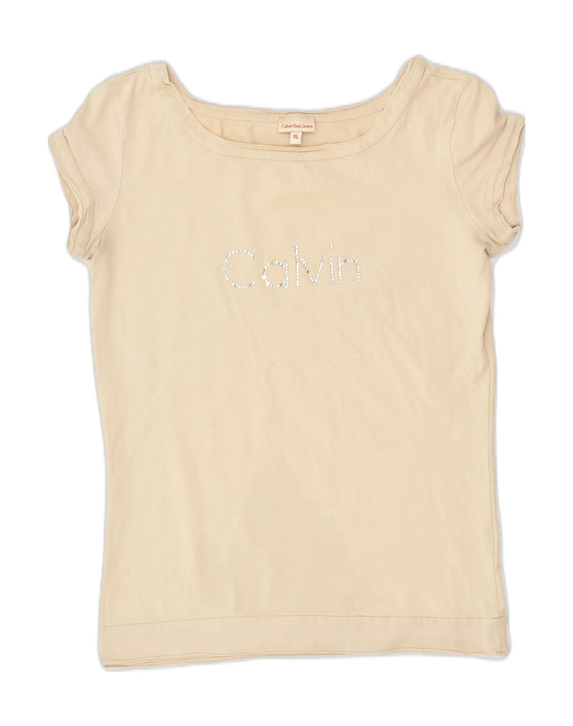 CALVIN KLEIN Girls Graphic T-Shirt Top 14-15 Years XL  Beige Cotton | Vintage Calvin Klein | Thrift | Second-Hand Calvin Klein | Used Clothing | Messina Hembry 