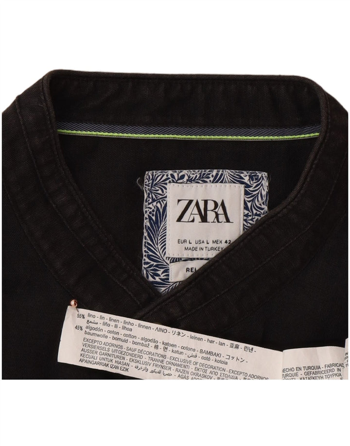 ZARA Mens Relaxed Fit Shirt Large Black Linen