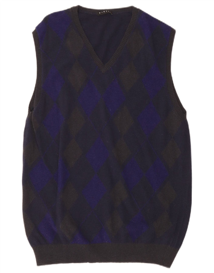 SISLEY Mens Vest Tank Top XL Navy Blue Argyle/Diamond Wool