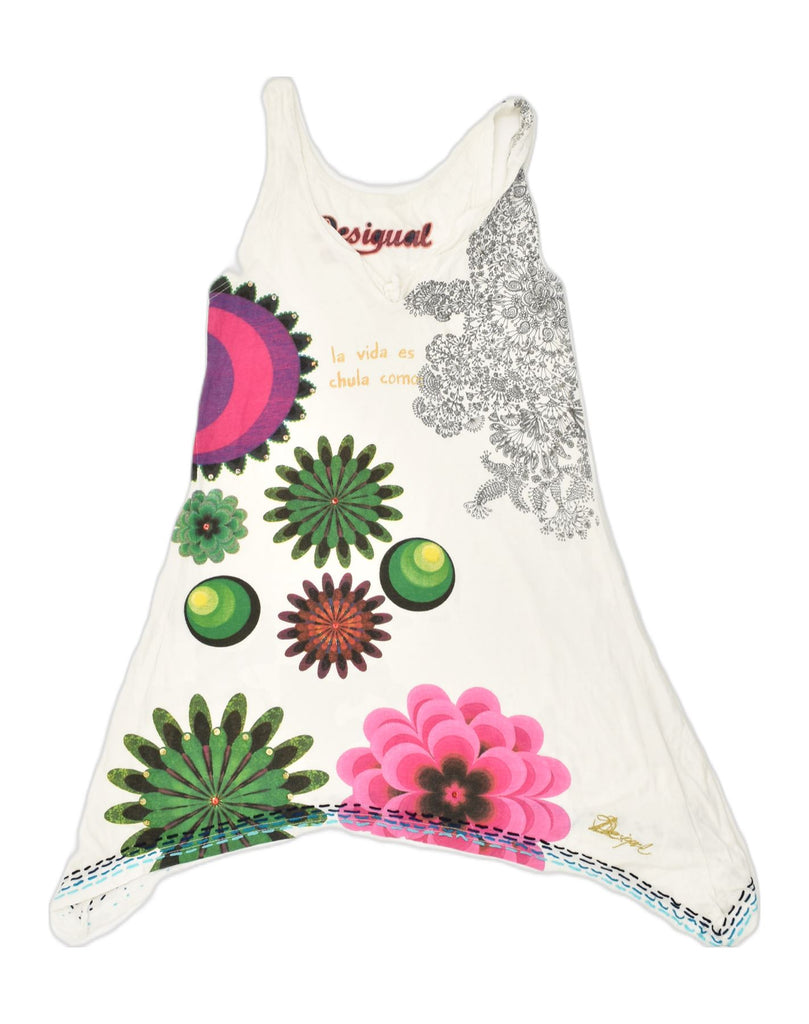 DESIGUAL Womens Asymmetric Graphic Vest Top UK 10 Small White Floral | Vintage Desigual | Thrift | Second-Hand Desigual | Used Clothing | Messina Hembry 