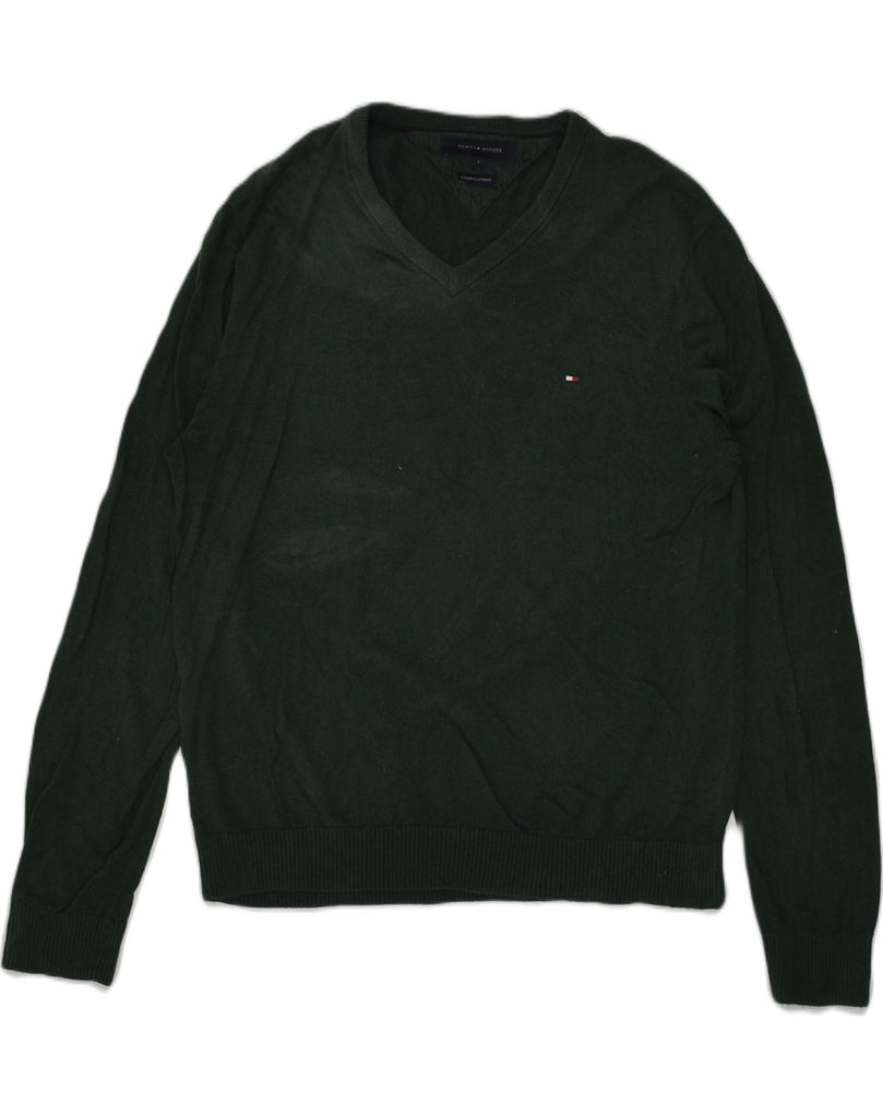 TOMMY HILFIGER Mens V-Neck Jumper Sweater Large Green Cotton | Vintage Tommy Hilfiger | Thrift | Second-Hand Tommy Hilfiger | Used Clothing | Messina Hembry 