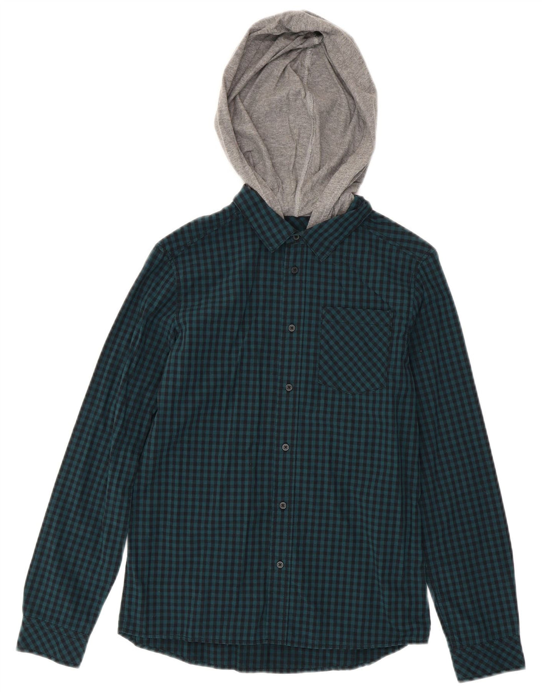 Benetton Mens Hooded Shirt Small Blue Gingham