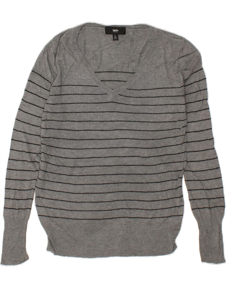 MOSSIMO Womens V-Neck Jumper Sweater UK 14 Large Grey Striped Nylon Vintage Mossimo and Second-Hand Mossimo from Messina Hembry 