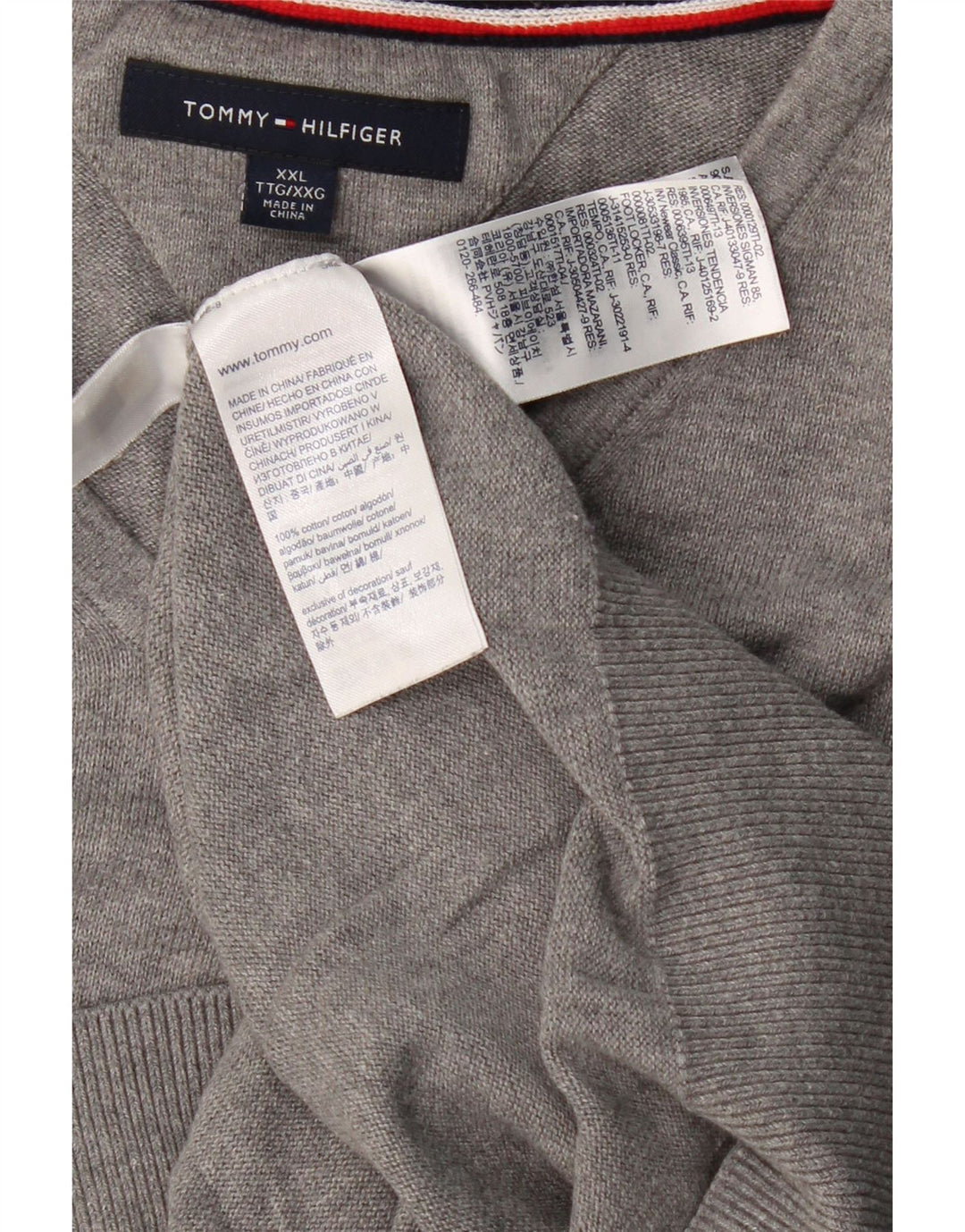 TOMMY HILFIGER Mens V-Neck Jumper Sweater 2XL Grey Cotton
