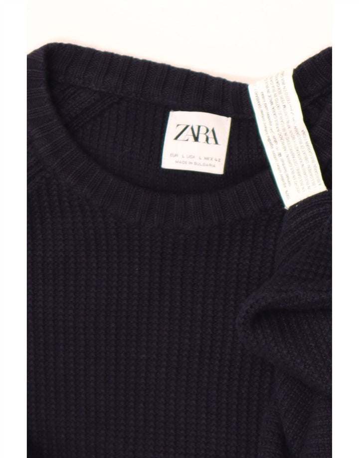 Zara Mens Crew Neck Jumper Sweater Large Navy Blue Cotton