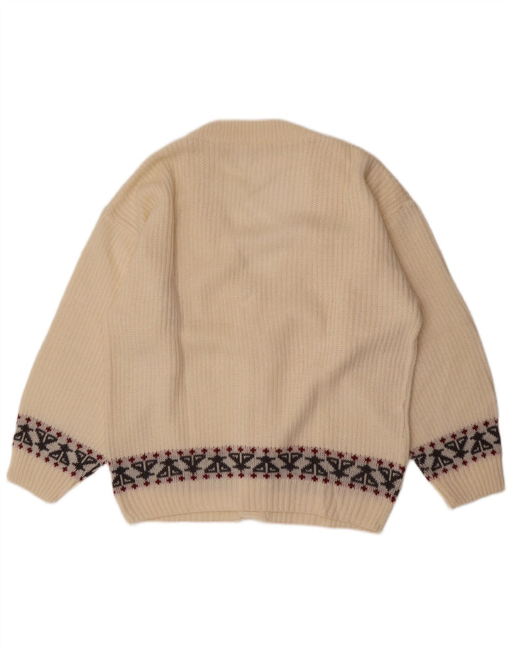 Vintage Mens Cardigan Sweater Medium White Fair Isle
