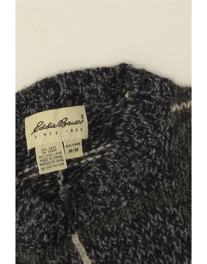 Eddie Bauer Mens Crew Neck Jumper Sweater Medium Navy Blue Check Wool