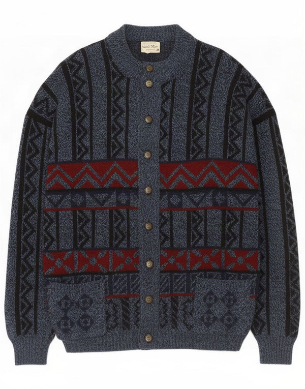 Vintage Mens Cardigan Sweater 2XL Blue Geometric Wool