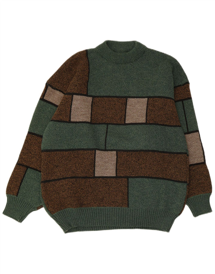 Vintage Mens Turtle Neck Jumper Sweater Medium Green Colourblock