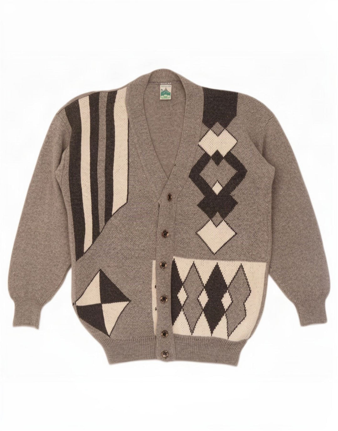 Shetland Mens Cardigan Sweater Medium Grey Geometric Wool