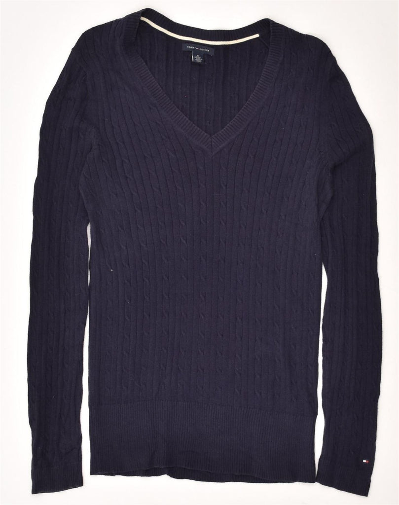 TOMMY HILFIGER Womens V-Neck Jumper Sweater UK 12 Medium Navy Blue Cotton | Vintage Tommy Hilfiger | Thrift | Second-Hand Tommy Hilfiger | Used Clothing | Messina Hembry 