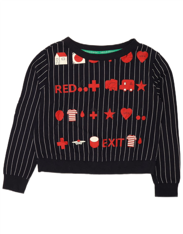 Benetton Womens Graphic Sweatshirt Jumper UK 14 Medium Navy Blue Striped