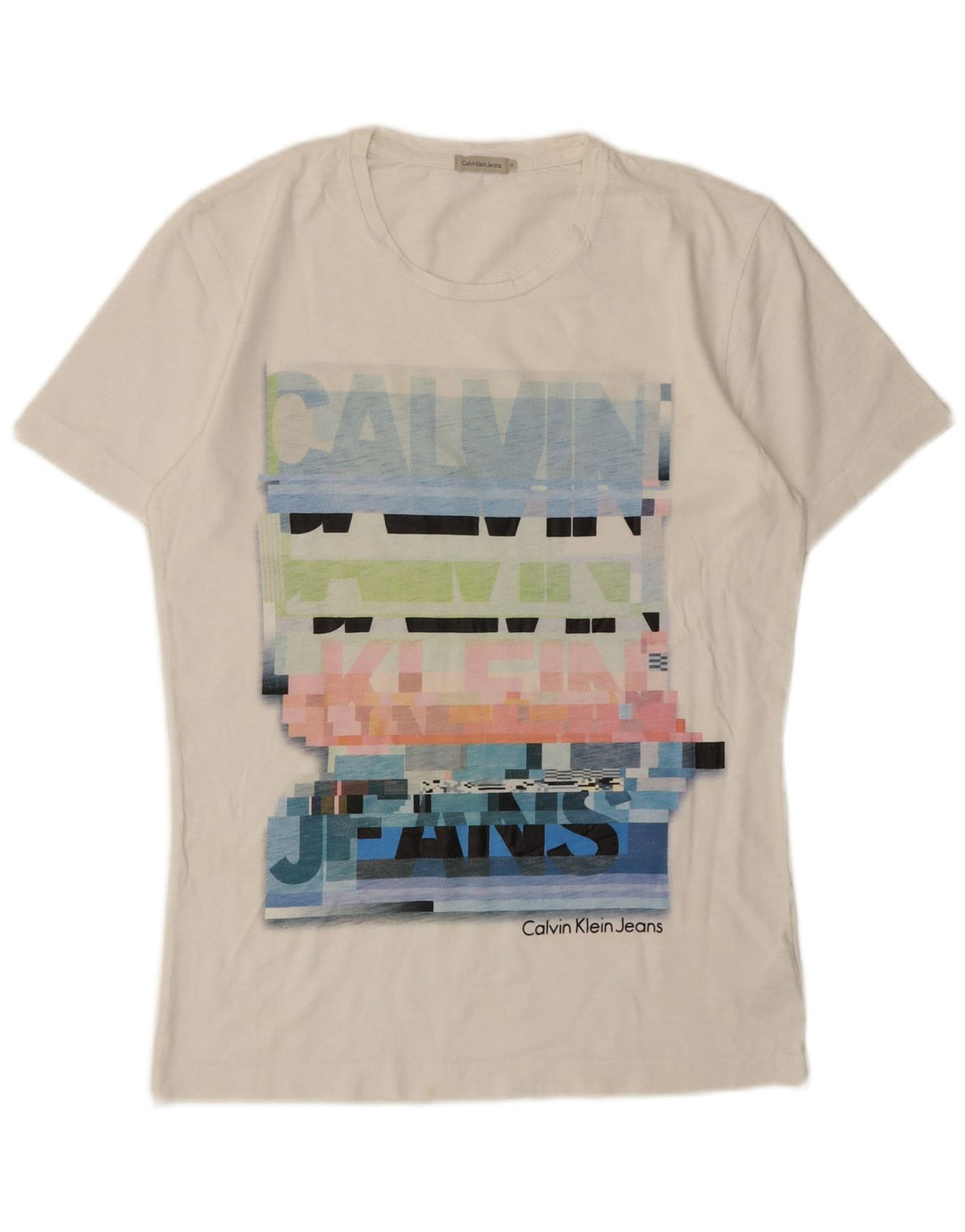 CALVIN KLEIN JEANS Mens Graphic T-Shirt Top Medium White Cotton