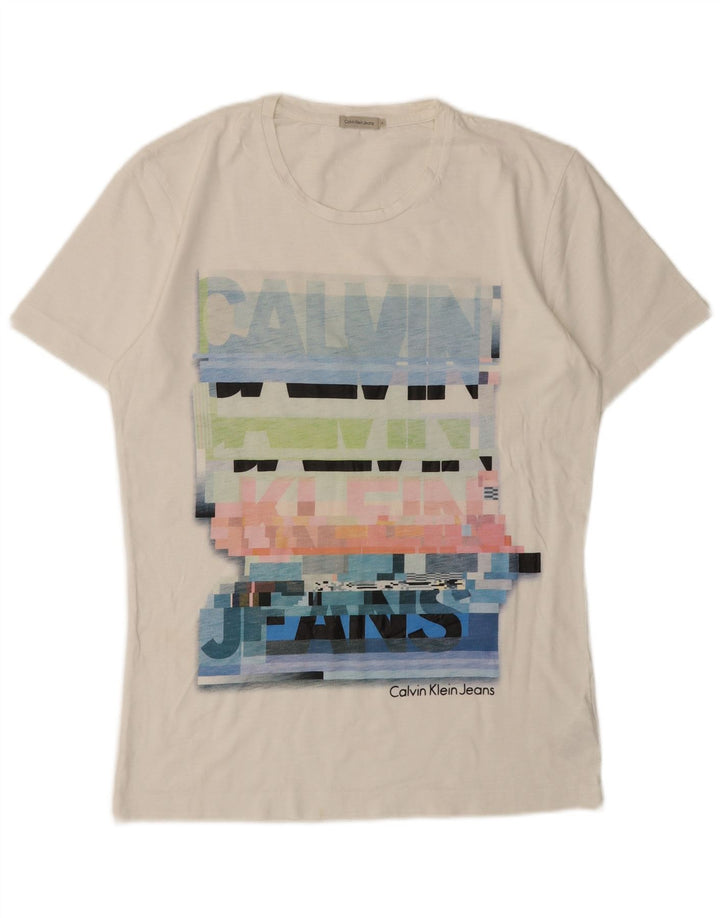 CALVIN KLEIN JEANS Mens Graphic T-Shirt Top Medium White Cotton