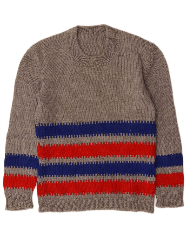 Vintage Womens Crew Neck Jumper Sweater UK 14 Medium Grey Striped