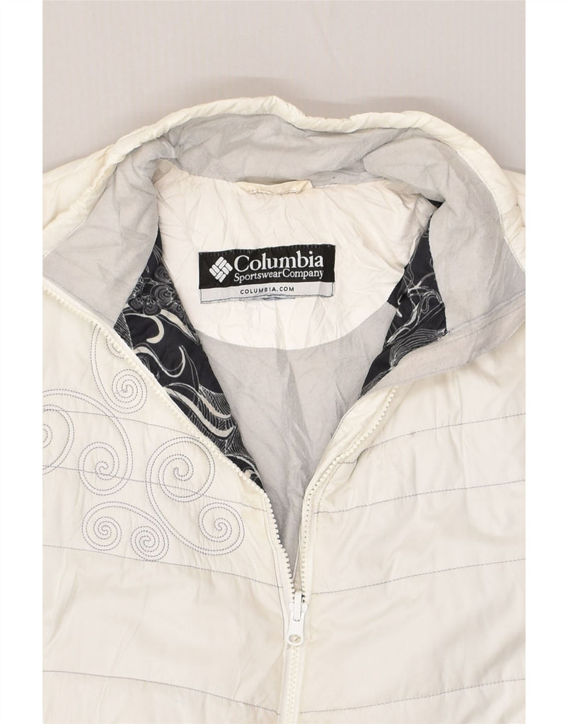 COLUMBIA Womens Graphic Bomber Jacket UK 20 2XL White Polyester | Vintage Columbia | Thrift | Second-Hand Columbia | Used Clothing | Messina Hembry 