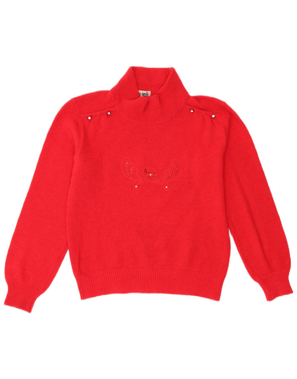Vintage Womens Turtle Neck Jumper Sweater UK 12 Medium Red Floral Wool