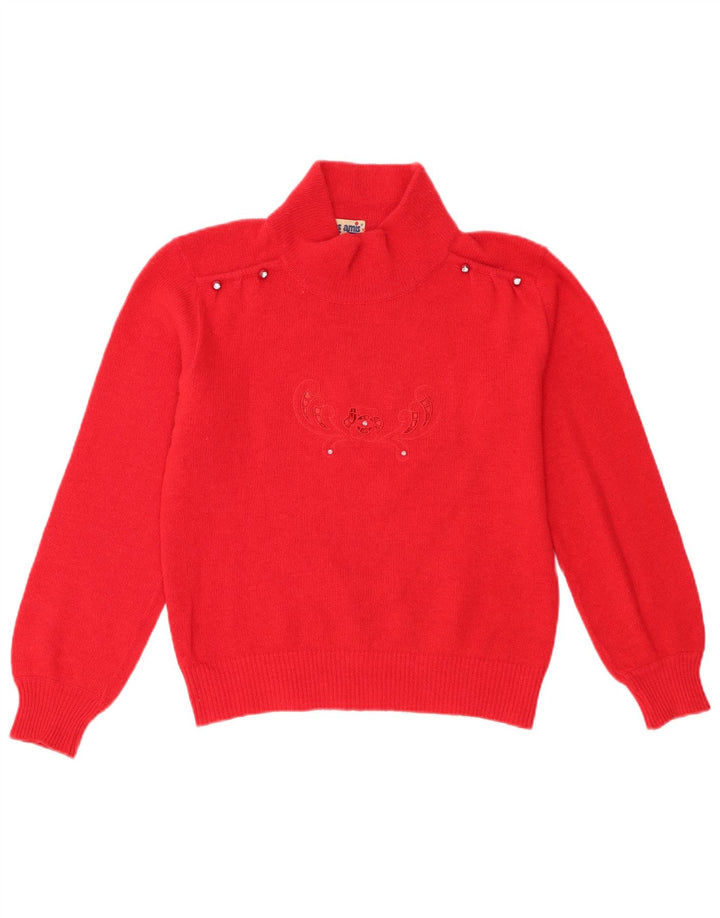 Vintage Womens Turtle Neck Jumper Sweater UK 12 Medium Red Floral Wool