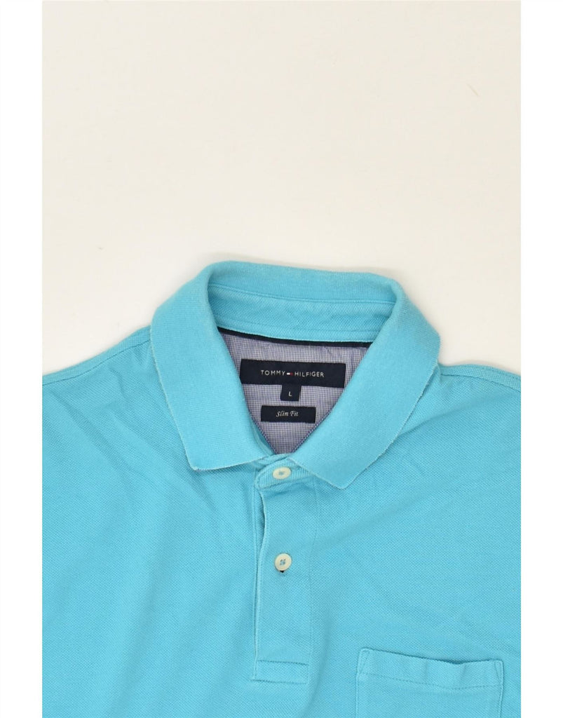 TOMMY HILFIGER Mens Slim Fit Polo Shirt Large Turquoise Cotton Vintage Tommy Hilfiger and Second-Hand Tommy Hilfiger from Messina Hembry 