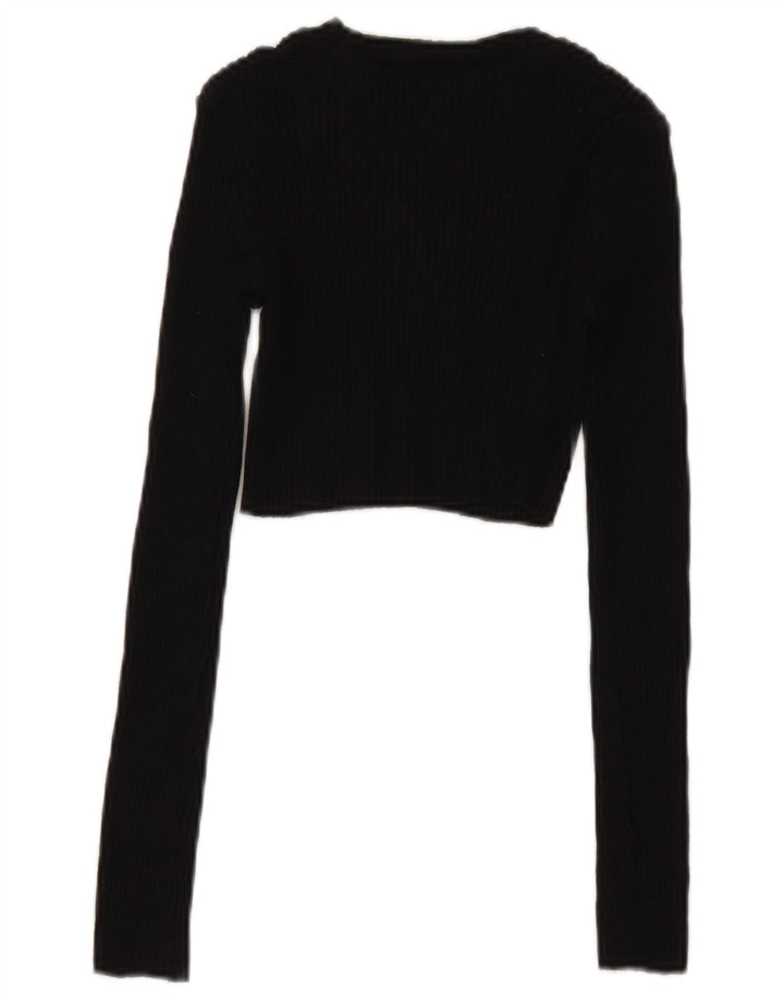 Zara Womens Crop Top Long Sleeve UK 8 Small Black Cotton