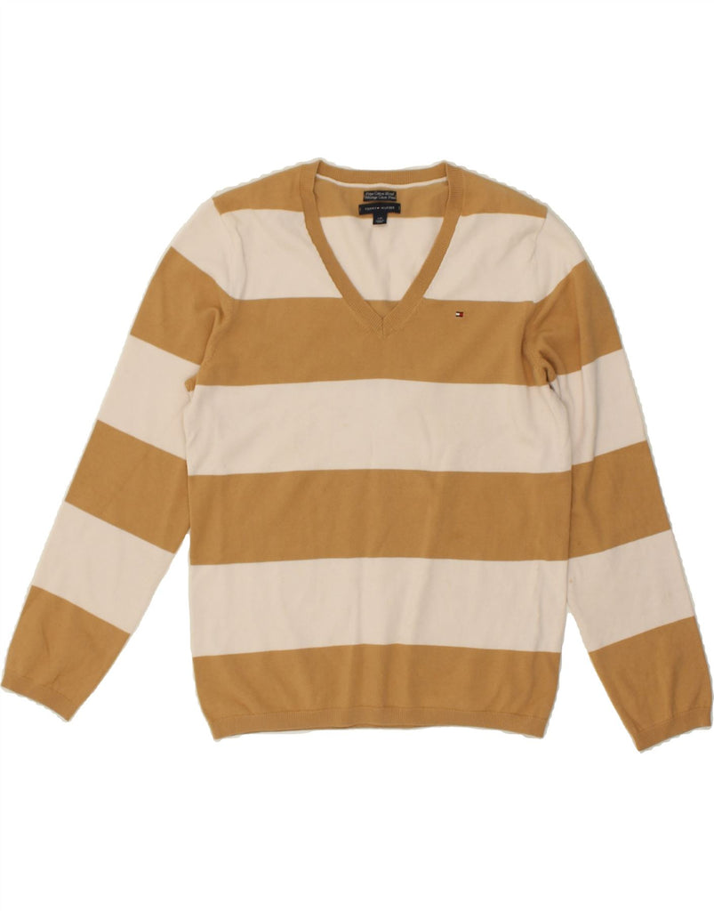 TOMMY HILFIGER Womens V-Neck Jumper Sweater UK 14 Large Beige Striped | Vintage Tommy Hilfiger | Thrift | Second-Hand Tommy Hilfiger | Used Clothing | Messina Hembry 