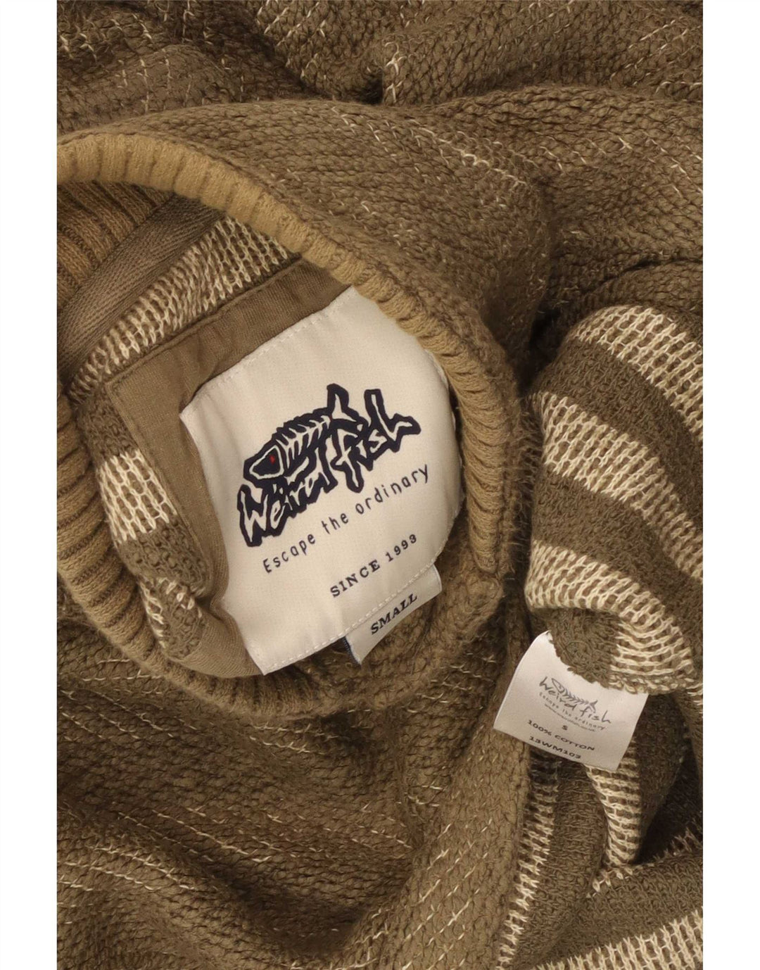 Weird Fish Mens Button Neck Sweatshirt Jumper Small Khaki Striped Cotton