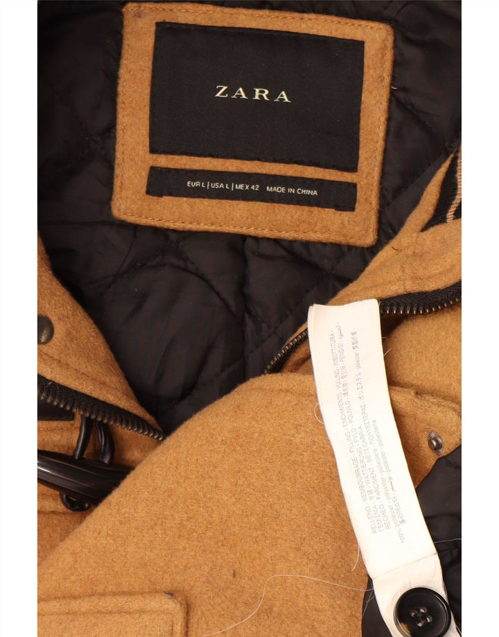Zara Mens Hooded Duffle Coat UK 40 Large Brown Polyester