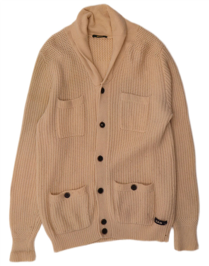 Gas Mens Cardigan Sweater XL Beige Wool