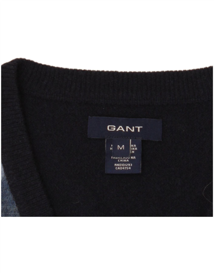 GANT Mens V-Neck Jumper Sweater Medium Navy Blue Argyle/Diamond Lambswool