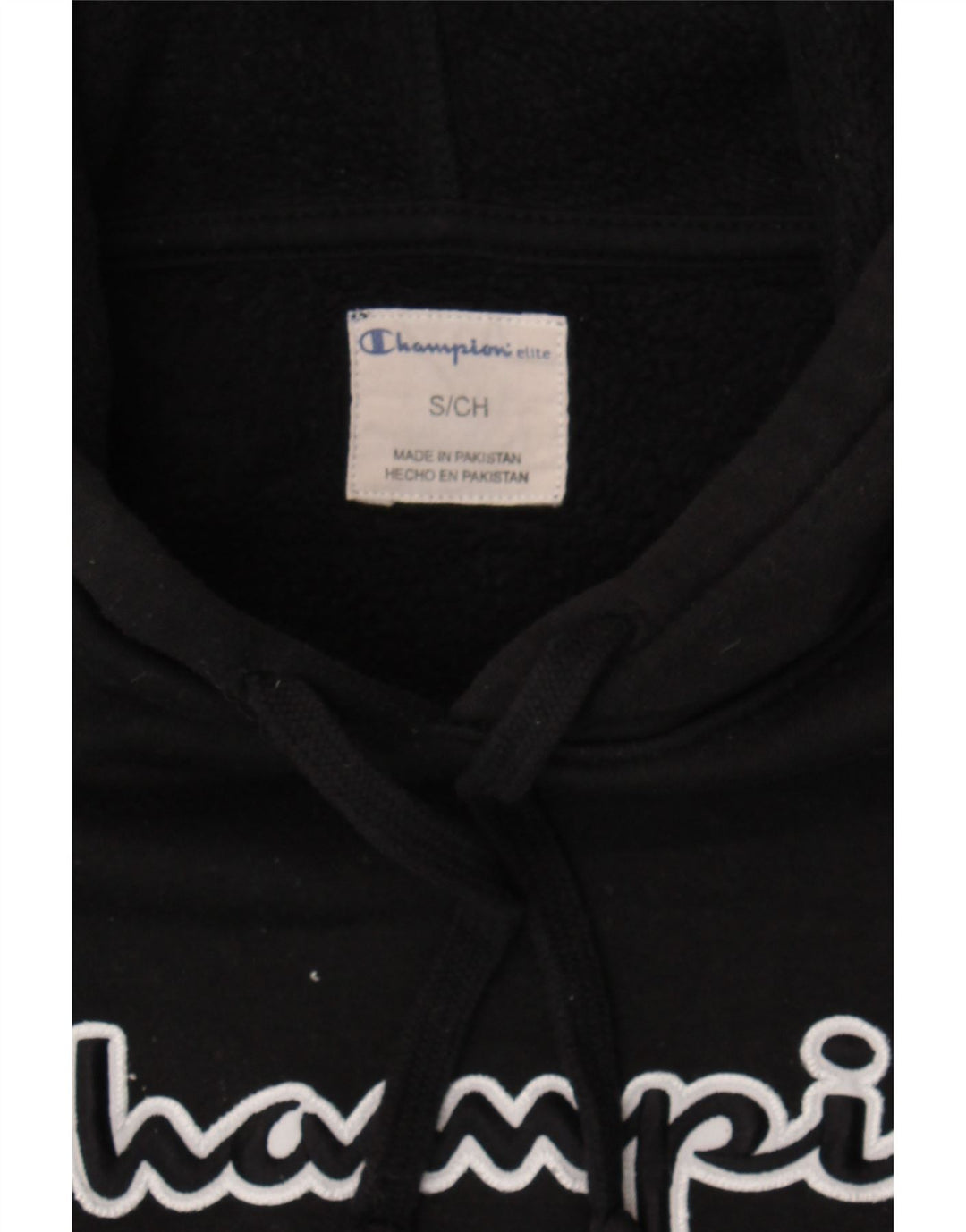 CHAMPION Mens Graphic Hoodie Jumper Small Black Cotton Vintage Champion and Second-Hand Champion from Messina Hembry 