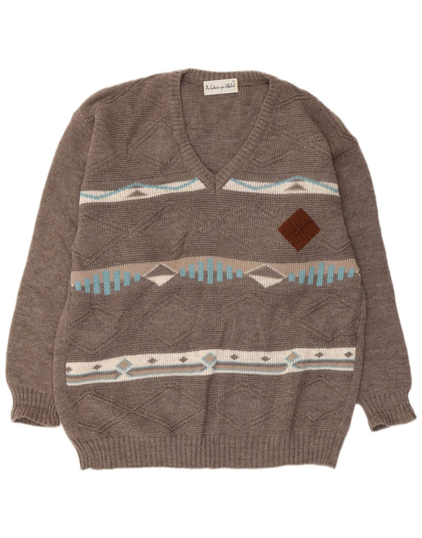 Vintage Mens V-Neck Jumper Sweater Medium Grey Argyle/Diamond Wool